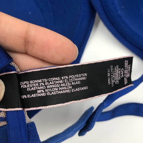 Victorias Secret Very Sexy Lightly Lined Plunge Bra Beige Blue Lace Sz 34D Wired - Picture 9 of 12